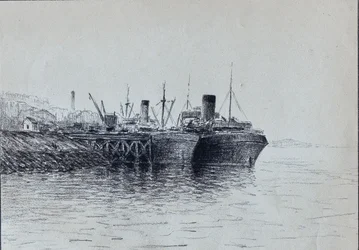 Deux bateaux à quai (Fusain)