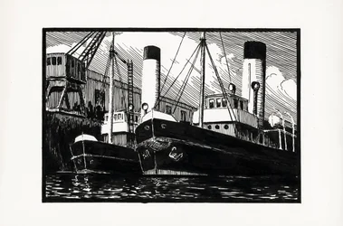 navires à quai dans le port de Bordeaux (linogravure)