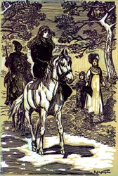 Colomba en robe de deuil, à cheval, suivie par un paysan corse