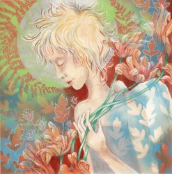 Femme rêveuse tenant des fleurs