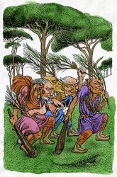 Fables : un groupe de trolls exécutant une danse rituelle dans la forêt en secouant des branches de pin, illustration de Reginald L. Knowles pour la collection de fables norvégiennes "Norse Fairy Tales" de P.C. Asbjornsen et J.I. Moe