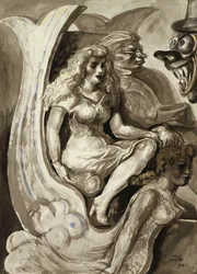 Des cavaliers dans un bateau-tunnel de sirène : Une aquarelle recto-verso