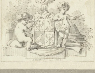 Deux putti, avec compas et caducée, près des armoiries de Schoemaker