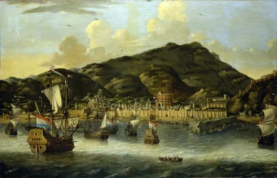 Navires hollandais au large de Tripoli (Libye), avec les murs fortifiés du port et de la ville