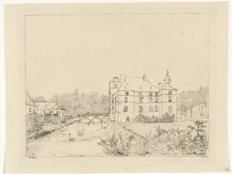 Vue latérale du château de Cannenburch avec maisons près du pont d
