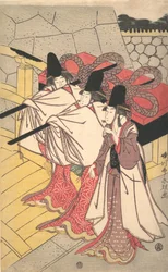 Le prince Genji retournant à son palais où sa femme l