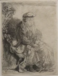 Abraham caressant Isaac", gravure de Rembrandt, Honolulu Museum of Art