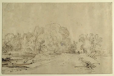 Canal avec bateaux, une route de digue et des arbres