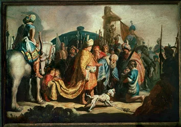 David offre la tête de Goliath au roi Saül (peinture sur toile)