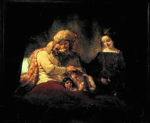 Jacob bénissant ses petits-enfants Ephraïm et Menassein en présence de leurs parents Joseph et Anasth (peinture sur toile)