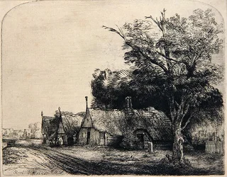 Paysage avec trois huttes