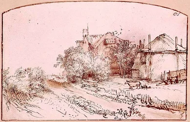 Paysage avec un cottage et une grange à foin