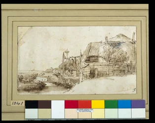 Paysage avec bâtiments de ferme à droite
