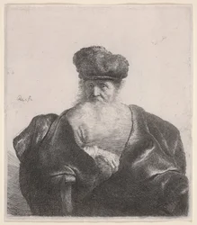 Vieil homme à la barbe flottante, bonnet de fourrure et manteau de velours (eau-forte)