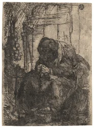 Vieille femme assise dans une chaumière avec une ficelle d