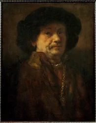 Rembrandt, autoportrait en manteau de fourrure avec chaîne en or et boucle d