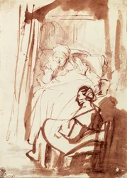 Saskia allongée dans son lit, une femme assise à ses pieds