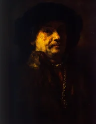 Autoportrait en manteau de fourrure avec chaîne en or et boucle d