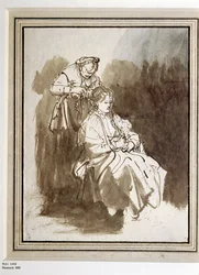 Jeune femme à sa toilette. Dessin à la plume et à l