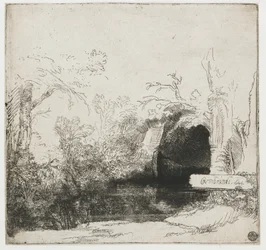 Un ruisseau avec une grotte et un bateau (détail)