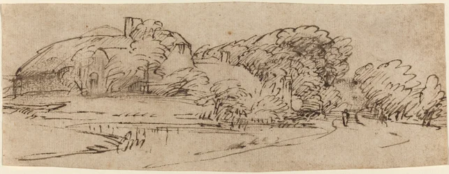 Paysage avec bâtiments de ferme parmi les arbres