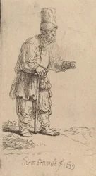 Un paysan avec un bonnet haut, debout appuyé sur un bâton, 1639