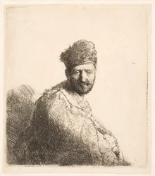 Homme barbu (le père de Rembrandt ) portant un bonnet oriental doublé de fourrure et une robe : portrait en demi-longueur