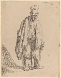 Mendiant avec un grand chapeau, debout et s