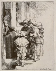 Mendiants recevant des aumônes à la porte d