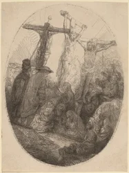 Christ crucifié entre les deux voleurs : une plaque ovale