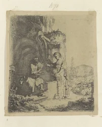 Christ et la femme samaritaine : ruines en arrière-plan