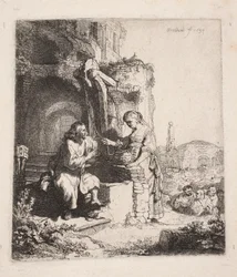Le Christ et la Samaritaine parmi les ruines (gravure verticale)