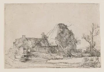 Une maison de campagne et des bâtiments agricoles, avec un homme en train de dessiner