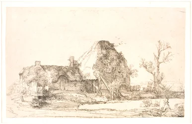Cottage et bâtiments de ferme avec un homme dessinant