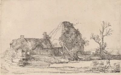 Cottages et bâtiments de ferme avec un homme dessinant, vers 1645