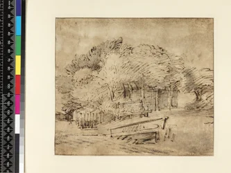 Ferme sous les arbres, avec une passerelle, c.1650