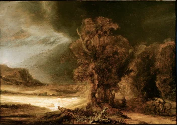 Paysage au Bon Samaritain, peinture de Harmenszoon van Rijn dit Rembrandt (1606-1669), 1638, soleil, 46,5 x 66 cm, musée Czartoryski, Cracovie, Pologne