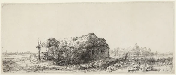 Paysage avec des chalets et une grange à foin
