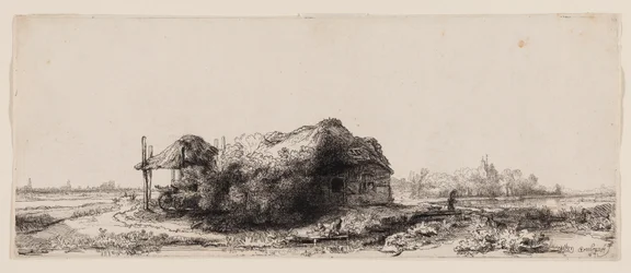 Paysage avec cottages et une grange à foin : Oblong