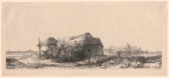 Paysage avec cottages et une grange à foin : Oblong