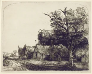 Paysage avec des cottages à pignon au bord d