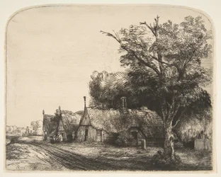Paysage avec trois cottages à pignon le long d