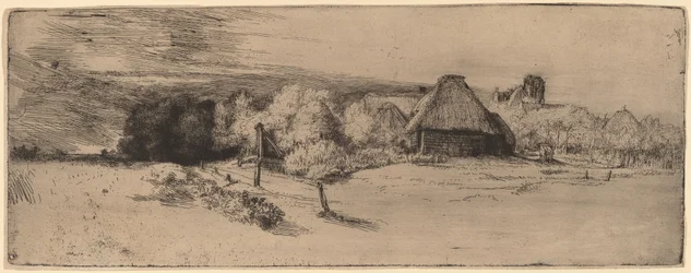 Paysage avec arbres, bâtiments de ferme et une tour