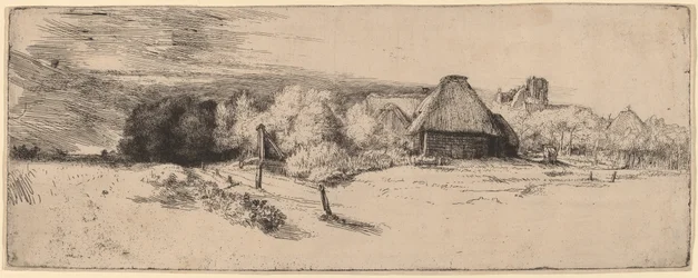 Paysage avec arbres, bâtiments de ferme et une tour