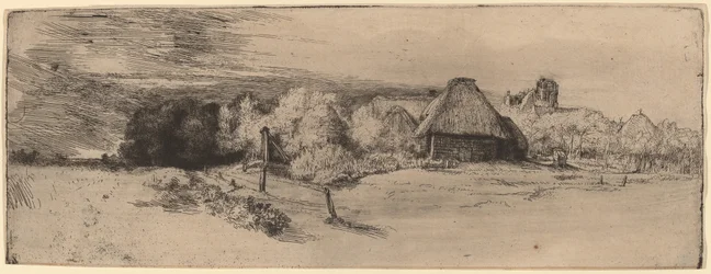 Paysage avec arbres, bâtiments de ferme et une tour