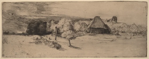 Paysage avec des arbres, des bâtiments agricoles et une tour