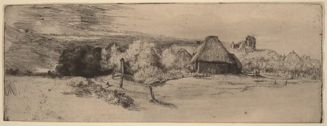 Paysage avec des arbres, des bâtiments agricoles et une tour