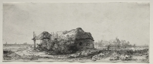 Paysage avec une chaumière et une grange à foin : oblong