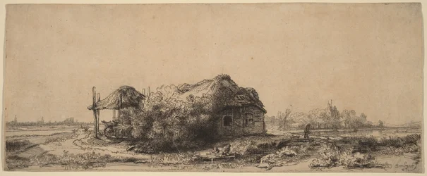 Paysage avec une petite maison et une grange à foin : format oblong