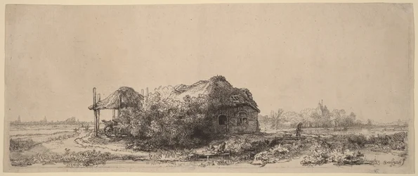 Paysage avec une petite maison et une grange à foin : format oblong